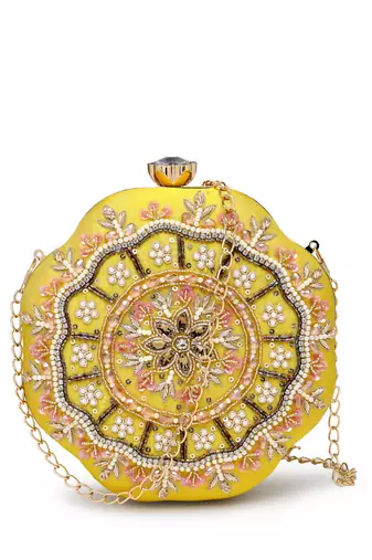 adorn lemon yellow, pearl & pink floral embellished faux silk clutch