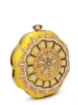 adorn lemon yellow, pearl & pink floral embellished faux silk clutch 5