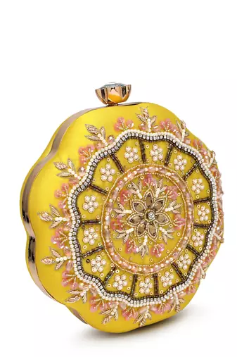 adorn lemon yellow, pearl & pink floral embellished faux silk clutch