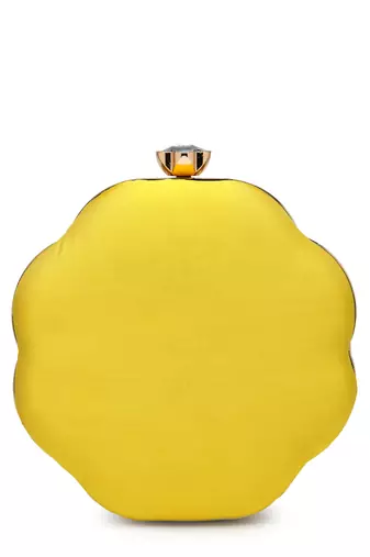 adorn lemon yellow, pearl & pink floral embellished faux silk clutch