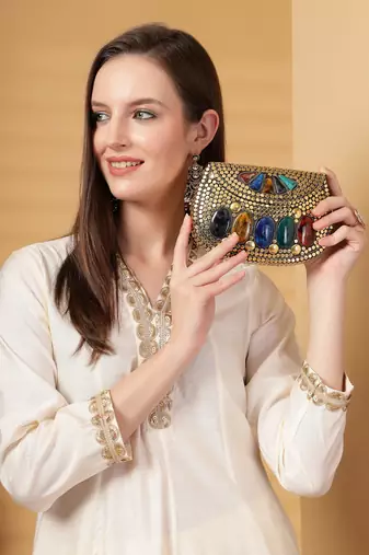 mosaic gold & multi mosaic embellished metal clutch