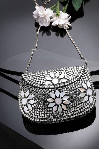 mosaic silver mosaic embellished metal clutch