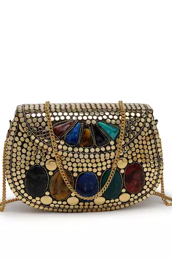 mosaic gold & multi mosaic embellished metal clutch