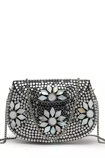 mosaic silver mosaic embellished metal clutch