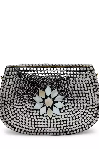 mosaic silver mosaic embellished metal clutch