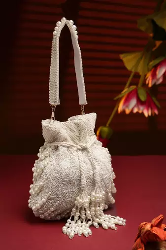 Anekaant droop pearl white pearl embellished faux silk potli