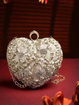 amour white & champagne heart shaped floral embellished faux silk clutch 1
