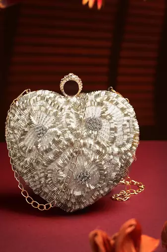 amour white & champagne heart shaped floral embellished faux silk clutch