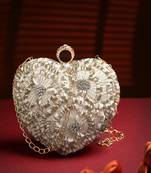 amour white & champagne heart shaped floral embellished faux silk clutch