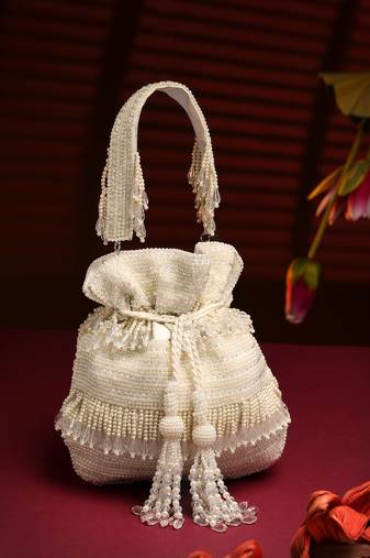 Anekaant droop pearl white striped embellished suede potli