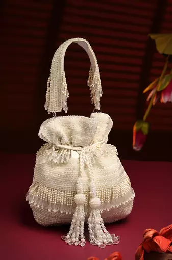 Anekaant droop pearl white striped embellished suede potli