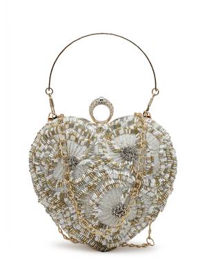 amour white & champagne heart shaped floral embellished faux silk clutch 4