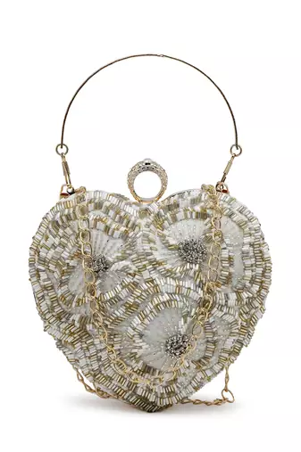 amour white & champagne heart shaped floral embellished faux silk clutch