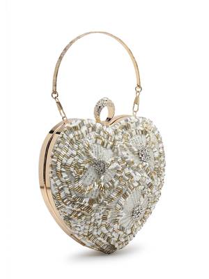 amour white & champagne heart shaped floral embellished faux silk clutch 5
