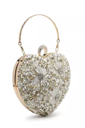 amour white & champagne heart shaped floral embellished faux silk clutch