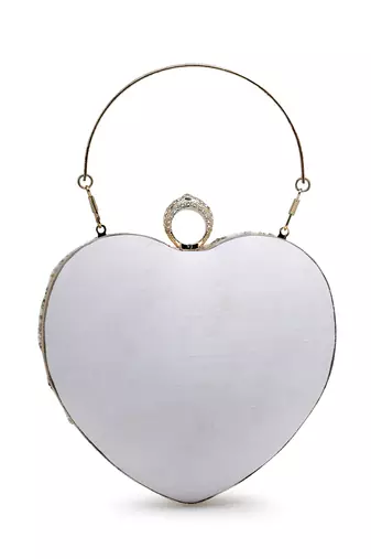 amour white & champagne heart shaped floral embellished faux silk clutch