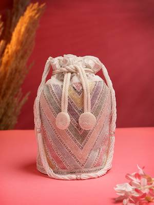 dangle white & pastel multi chevron embellished faux silk potli 1