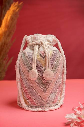Anekaant dangle white & pastel multi chevron embellished faux silk potli
