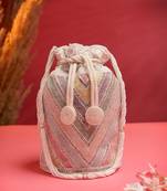 dangle white & pastel multi chevron embellished faux silk potli