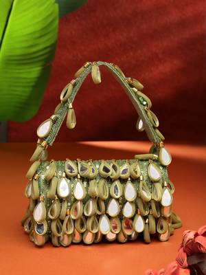 tipify olive green & gold mirror work embellished fabric clutch 1