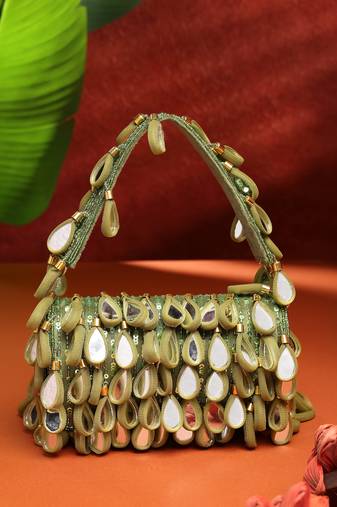 Anekaant tipify olive green & gold mirror work embellished fabric clutch