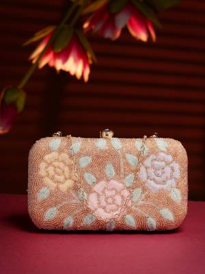 adorn gold & pastel multi floral embellished fabric clutch 1