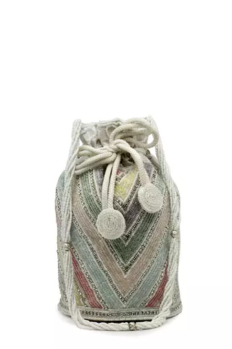dangle white & pastel multi chevron embellished faux silk potli