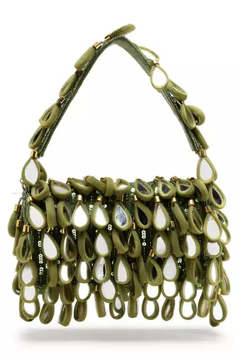 tipify olive green & gold mirror work embellished fabric clutch