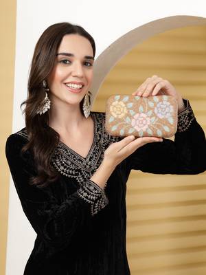 adorn gold & pastel multi floral embellished fabric clutch 3