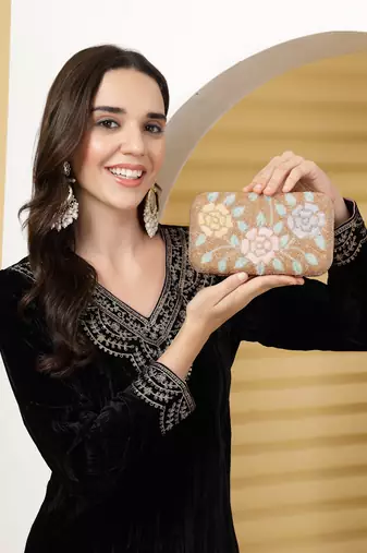 adorn gold & pastel multi floral embellished fabric clutch