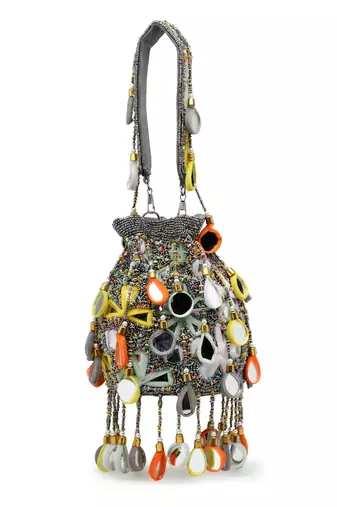 tipify grey & multi mirror work embellished fabric potli
