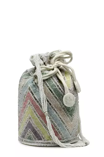 dangle white & pastel multi chevron embellished faux silk potli