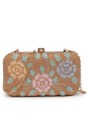 adorn gold & pastel multi floral embellished fabric clutch 4