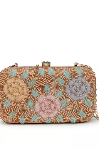adorn gold & pastel multi floral embellished fabric clutch
