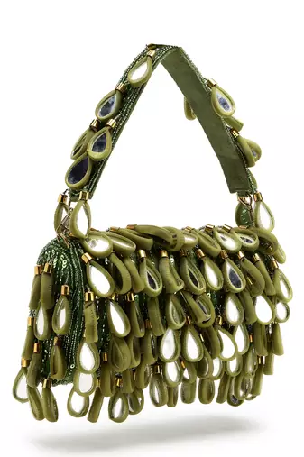 tipify olive green & gold mirror work embellished fabric clutch