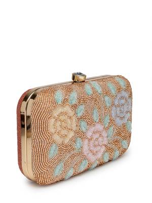 adorn gold & pastel multi floral embellished fabric clutch 5