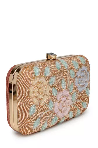 adorn gold & pastel multi floral embellished fabric clutch