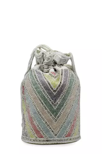 dangle white & pastel multi chevron embellished faux silk potli
