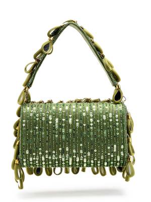 tipify olive green & gold mirror work embellished fabric clutch 6