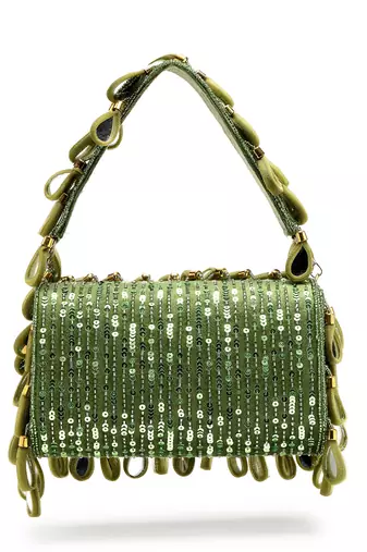 tipify olive green & gold mirror work embellished fabric clutch