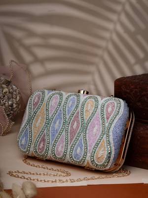 adorn white & pastel multi ogee embellished fabric clutch 1