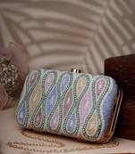 adorn white & pastel multi ogee embellished fabric clutch