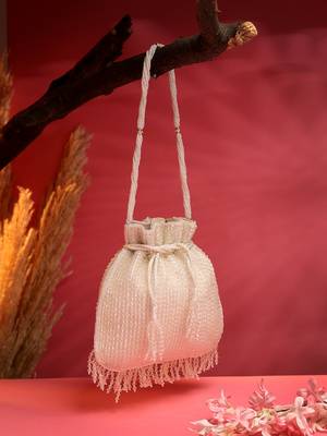 dangle white & silver striped embellished faux silk potli 1