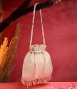 dangle white & silver striped embellished faux silk potli