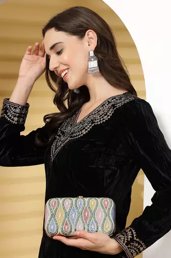 adorn white & pastel multi ogee embellished fabric clutch