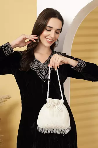 dangle white & silver striped embellished faux silk potli