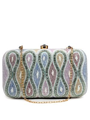 adorn white & pastel multi ogee embellished fabric clutch 4