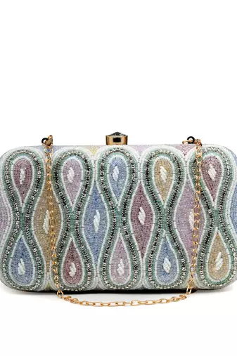 adorn white & pastel multi ogee embellished fabric clutch