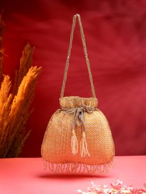 dangle gold striped embellished faux silk potli 1