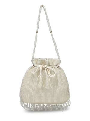 dangle white & silver striped embellished faux silk potli 4